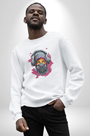 Maske Duman Corona Müzik Kulaklık  Kadın Erkek  Beyaz Baskılı Sweatshirt 
