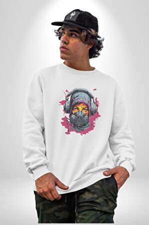 Maske Duman Corona Müzik Kulaklık  Kadın Erkek  Beyaz Baskılı Sweatshirt 