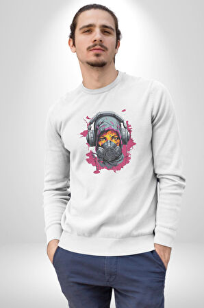 Maske Duman Corona Müzik Kulaklık  Kadın Erkek  Beyaz Baskılı Sweatshirt 