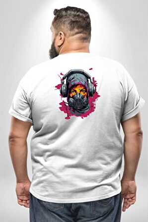 Maske Duman Corona Müzik Kulaklık  Büyük Beden Beyaz Tişört Kadın Erkek Ünisex Sırt Baskılı