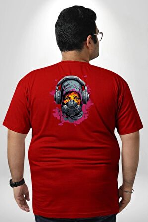 Maske Duman Corona Müzik Kulaklık  Büyük Beden Kırmızı Tişört Kadın Erkek Ünisex Sırt Baskılı