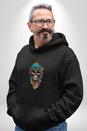 Bandaba Renkli Kurukafa Kadın Erkek  Siyah Kapüşonlu Sweatshirt Hoodie