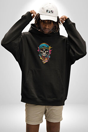 Bandaba Renkli Kurukafa Kadın Erkek  Siyah Kapüşonlu Sweatshirt Hoodie