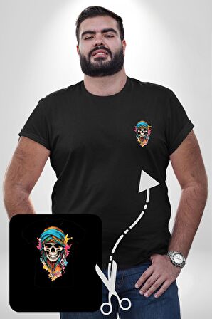 Bandaba Renkli Kurukafa Siyah Büyük Beden Kadın Basic Minimal Baskılı Tişört