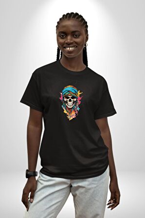 Bandaba Renkli Kurukafa Pamuklu Bisiklet Yaka Kadın Erkek Oversize Boyfriend Dijital Baskılı Siyah T-shirt