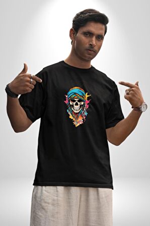Bandaba Renkli Kurukafa Pamuklu Bisiklet Yaka Kadın Erkek Oversize Boyfriend Dijital Baskılı Siyah T-shirt