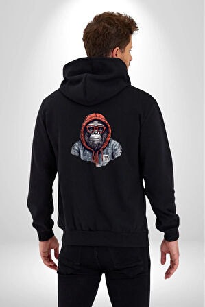 Kırmızı Gözlük Çeket Maymun Kadın Erkek Siyah Renk Kapüşonlu Kanguru Cepli  Fermuarlı Pamuklu Oversize Dijital Baskılı Hırka Sweatshirt