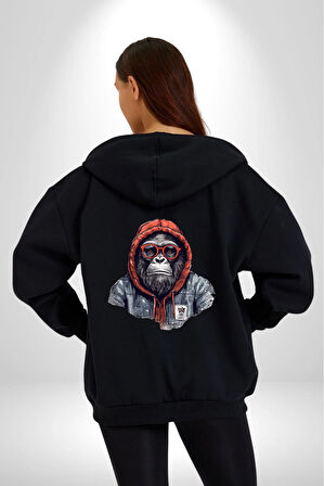 Kırmızı Gözlük Çeket Maymun Kadın Erkek Siyah Renk Kapüşonlu Kanguru Cepli  Fermuarlı Pamuklu Oversize Dijital Baskılı Hırka Sweatshirt