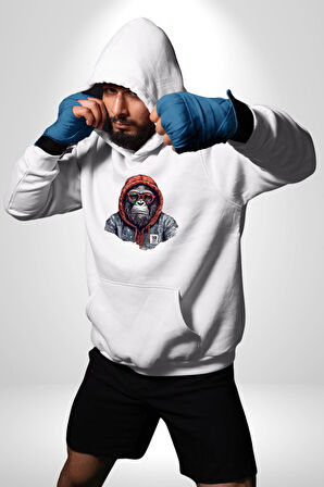 Kırmızı Gözlük Çeket Maymun Kadın Erkek  Beyaz Kapüşonlu Sweatshirt Hoodie