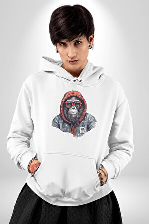 Kırmızı Gözlük Çeket Maymun Kadın Erkek  Beyaz Kapüşonlu Sweatshirt Hoodie