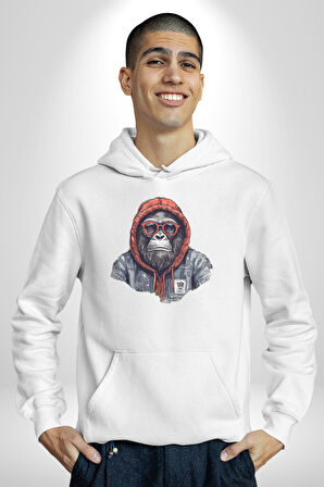 Kırmızı Gözlük Çeket Maymun Kadın Erkek  Beyaz Kapüşonlu Sweatshirt Hoodie