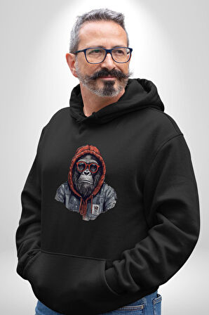 Kırmızı Gözlük Çeket Maymun Kadın Erkek  Siyah Kapüşonlu Sweatshirt Hoodie