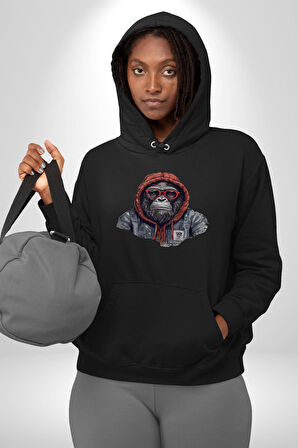 Kırmızı Gözlük Çeket Maymun Kadın Erkek  Siyah Kapüşonlu Sweatshirt Hoodie