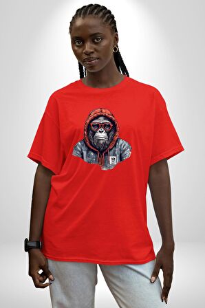 Kırmızı Gözlük Çeket Maymun Pamuklu Bisiklet Yaka Kadın Erkek Oversize Boyfriend Dijital Baskılı Kırmızı T-Shirt