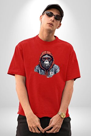 Kırmızı Gözlük Çeket Maymun Pamuklu Bisiklet Yaka Kadın Erkek Oversize Boyfriend Dijital Baskılı Kırmızı T-Shirt