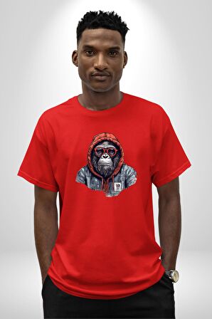 Kırmızı Gözlük Çeket Maymun Pamuklu Bisiklet Yaka Kadın Erkek Oversize Boyfriend Dijital Baskılı Kırmızı T-Shirt