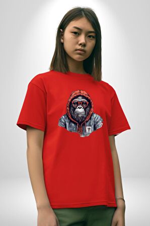 Kırmızı Gözlük Çeket Maymun Pamuklu Bisiklet Yaka Kadın Erkek Oversize Boyfriend Dijital Baskılı Kırmızı T-Shirt