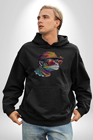 Gözlük Şapka Mukalemun  Kadın Erkek  Siyah Kapüşonlu Sweatshirt Hoodie