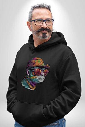 Gözlük Şapka Mukalemun  Kadın Erkek  Siyah Kapüşonlu Sweatshirt Hoodie