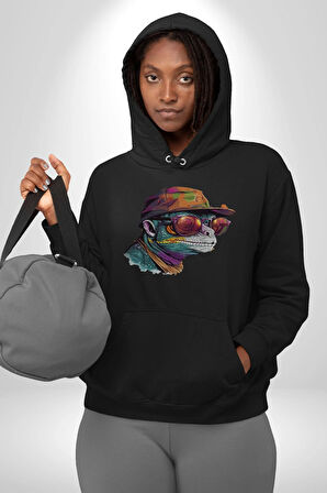 Gözlük Şapka Mukalemun  Kadın Erkek  Siyah Kapüşonlu Sweatshirt Hoodie