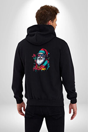 Renkli Noel Baba Yeni Nesil Gözlüklü Kadın Erkek Siyah Renk Kapüşonlu Kanguru Cepli  Fermuarlı Pamuklu Oversize Dijital Baskılı Hırka Sweatshirt