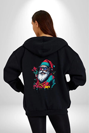 Renkli Noel Baba Yeni Nesil Gözlüklü Kadın Erkek Siyah Renk Kapüşonlu Kanguru Cepli  Fermuarlı Pamuklu Oversize Dijital Baskılı Hırka Sweatshirt