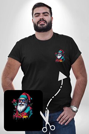 Renkli Noel Baba Yeni Nesil Gözlüklü Siyah Büyük Beden Kadın Basic Minimal Baskılı Tişört