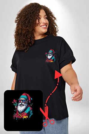 Renkli Noel Baba Yeni Nesil Gözlüklü Siyah Büyük Beden Kadın Basic Minimal Baskılı Tişört