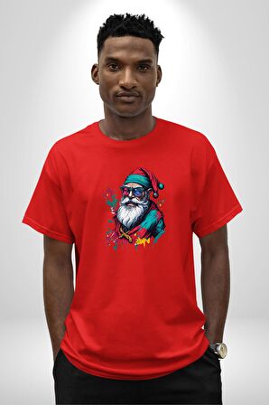 Renkli Noel Baba Yeni Nesil Gözlüklü Pamuklu Bisiklet Yaka Kadın Erkek Oversize Boyfriend Dijital Baskılı Kırmızı T-Shirt