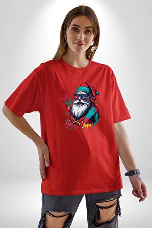 Renkli Noel Baba Yeni Nesil Gözlüklü Pamuklu Bisiklet Yaka Kadın Erkek Oversize Boyfriend Dijital Baskılı Kırmızı T-Shirt