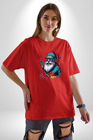 Renkli Noel Baba Yeni Nesil Gözlüklü Pamuklu Bisiklet Yaka Kadın Erkek Oversize Boyfriend Dijital Baskılı Kırmızı T-Shirt