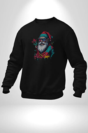 Renkli Noel Baba Yeni Nesil Gözlüklü Kadın Erkek  Siyah Baskılı Sweatshirt 