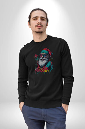 Renkli Noel Baba Yeni Nesil Gözlüklü Kadın Erkek  Siyah Baskılı Sweatshirt 