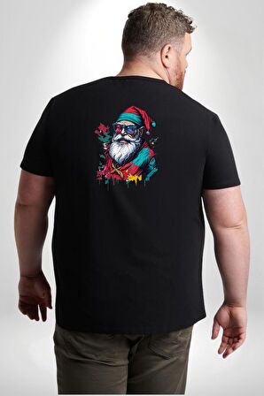 Renkli Noel Baba Yeni Nesil Gözlüklü Büyük Beden Siyah Tişört Kadın Erkek Ünisex Sırt Baskılı
