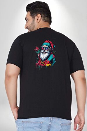 Renkli Noel Baba Yeni Nesil Gözlüklü Büyük Beden Siyah Tişört Kadın Erkek Ünisex Sırt Baskılı