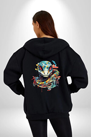 Yapay Zeka Sanal Yılan  Kadın Erkek Siyah Renk Kapüşonlu Kanguru Cepli  Fermuarlı Pamuklu Oversize Dijital Baskılı Hırka Sweatshirt