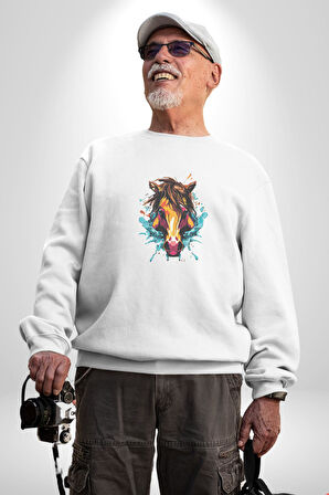 At Kafası Renkli Kadın Erkek  Beyaz Baskılı Sweatshirt 