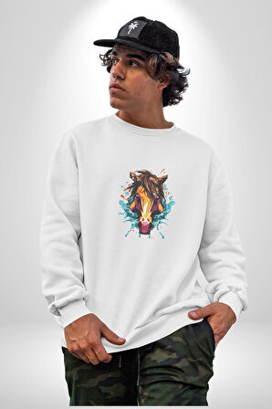 At Kafası Renkli Kadın Erkek  Beyaz Baskılı Sweatshirt 