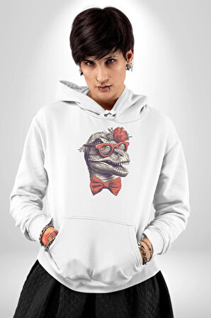 Kırmızı Gözlük Papyon Dinazor  Kadın Erkek  Beyaz Kapüşonlu Sweatshirt Hoodie
