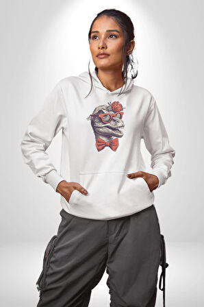 Kırmızı Gözlük Papyon Dinazor  Kadın Erkek  Beyaz Kapüşonlu Sweatshirt Hoodie