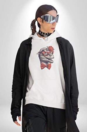 Kırmızı Gözlük Papyon Dinazor  Kadın Erkek  Beyaz Kapüşonlu Sweatshirt Hoodie