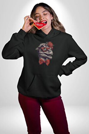 Kırmızı Gözlük Papyon Dinazor  Kadın Erkek  Siyah Kapüşonlu Sweatshirt Hoodie