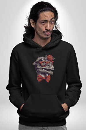 Kırmızı Gözlük Papyon Dinazor  Kadın Erkek  Siyah Kapüşonlu Sweatshirt Hoodie