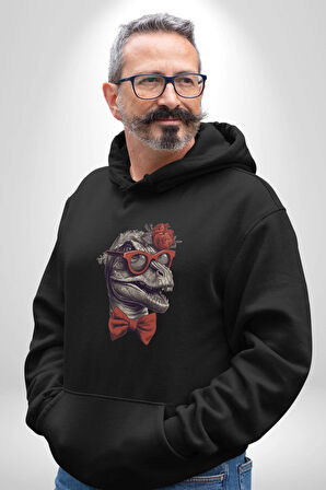 Kırmızı Gözlük Papyon Dinazor  Kadın Erkek  Siyah Kapüşonlu Sweatshirt Hoodie