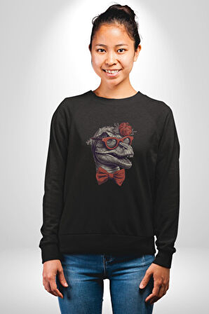 Kırmızı Gözlük Papyon Dinazor  Kadın Erkek  Siyah Baskılı Sweatshirt 