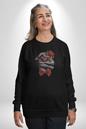 Kırmızı Gözlük Papyon Dinazor  Kadın Erkek  Siyah Baskılı Sweatshirt 