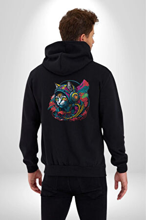 Kulaklık Kedi Müzik Tekir  Kadın Erkek Siyah Renk Kapüşonlu Kanguru Cepli  Fermuarlı Pamuklu Oversize Dijital Baskılı Hırka Sweatshirt