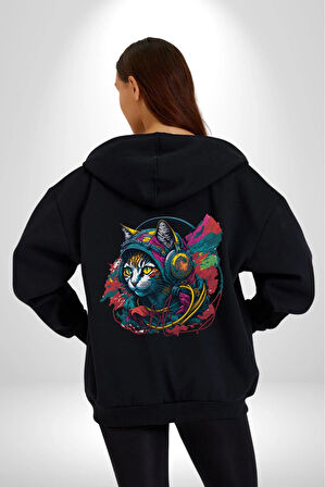 Kulaklık Kedi Müzik Tekir  Kadın Erkek Siyah Renk Kapüşonlu Kanguru Cepli  Fermuarlı Pamuklu Oversize Dijital Baskılı Hırka Sweatshirt
