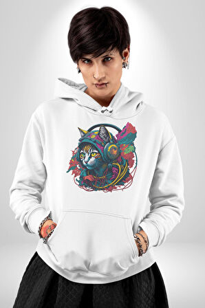 Kulaklık Kedi Müzik Tekir  Kadın Erkek  Beyaz Kapüşonlu Sweatshirt Hoodie