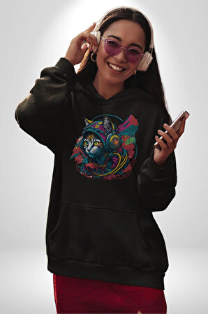 Kulaklık Kedi Müzik Tekir  Kadın Erkek  Siyah Kapüşonlu Sweatshirt Hoodie